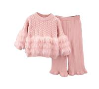 Vêtements pour bébé fille Printemps Automne et Hiver Tricoté Col Rond Pantalon Évasé Deux Pièces Costumes Cadeaux d'anniversaire Rose