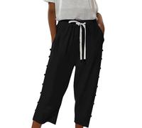 Vêtements pour femmes grande taille mode couleur unie coton lin élastique sept pantalons plage pantalons décontractés lin imprimé femmes, Noir , XXL