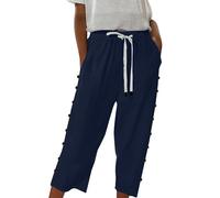 Vêtements pour femmes grande taille mode couleur unie coton lin élastique sept pantalons plage pantalons décontractés lin imprimé femmes, bleu, L