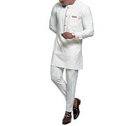 Vêtements pour Hommes Africains Chemise et Pantalon Survêtement Dashiki Fashion Costume Deux Pièces Tenue Traditionnelle Tenue à Manches Longues pour Soirée de Mariage (Color : White, Size : XL)