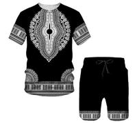 Vêtements pour hommes T-shirt et short de style national africain indien pour homme. Nouveau short imprimé 3D à col rond grande taille combinaison une pièce pour hommes, gris, XXL