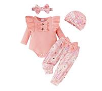Vêtements pour nouveau-né fille à volants à manches longues et col rond en tricot et nœud imprimé floral taille élastique pour bébé (rouge, 12-18 mois)