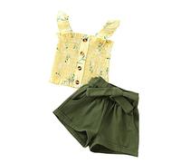 Vêtements pour tout-petits et filles sans manches à fleurs à volants T-shirt à bretelles Haut Arc court décontracté 2 pièces Ensemble de tenues pour enfants Filles 140, jaune, 18 mois