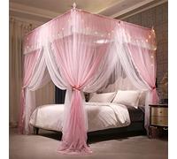 VETHIN Ciel de lit de Princesse à 4 Coins à Volants - Double Couche - Filet Confortable à 4 Ouvertures - Moustiquaire pour Chambre de Filles et d'adultes - Décoration de Chambre à Coucher (Rose/Blanc