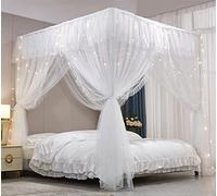 VETHIN Rideau à 4 Coins à Volants pour lit de Princesse - Double Couche - Moustiquaire Confortable à 4 Ouvertures pour décoration de Chambre de Filles et d'adultes (Blanc/Blanc, 162,6 x 208,3 x 208,3
