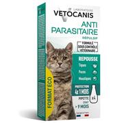 Vetocanis | Pipettes Anti-Puces Chat > 9 Mois Pack Eco x4 | Repousse les Puces, les Tiques et les Moustiques | Antiparasitaire Efficace 4 Mois | Traitement à Usage Vétérinaire pour Chat Toutes Races