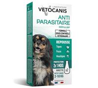 Vetocanis, Pipettes Anti Puces Chien, 2x1 Mois sans Tiques, Puces, Moustiques, Antiparasitaire Chien 2 à 10 kg, A base de Margosa, Répulsif Protection Immédiate, 2 Pipettes de 2 mL