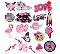 VETPW 16 Pièces Thème Rose Broderie Patch Thermocollant, Broderie Autocollant Iron on Patches Stickers Ecusson à Coudre pour Vêtements Sacs à Dos Vestes Jeans Chapeaux, Réparation et Décoration