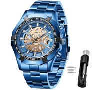 Vetra Montre squelette analogique de luxe pour homme en acier inoxydable bleu étanche à 30 m