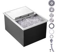 VEVOR 55,23 L Bac à glace Drop-in, 608 x 457 x 333 mm Seau à glace en acier inoxydable, Bac à glace commercial avec couvercle coulissant, Coffre de stockage de glace intégré, Tuyau de vidange & Boucho