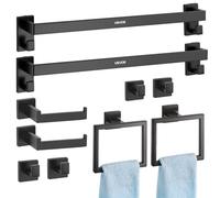 VEVOR Accessoires de Salle de Bain 10PCs, 2 Porte-serviettes en Inox 59,5 cm avec 2 Supports Serviettes Carrés, 4 Crochets pour Peignoir et 2 Porte-papier Toilette, Kit de Quincaillerie, Noir Mat
