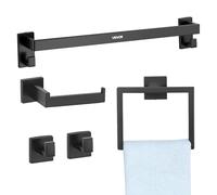 VEVOR Accessoires de Salle de Bain 5PCs, Porte-Serviettes Mural en INOX 59,5 cm avec Support Serviette, 2 Crochets pour Peignoir et Porte-Papier Toilette, Kit de Quincaillerie de Bain, Noir Mat