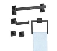 VEVOR Accessoires de Salle de Bain 5PCs, Porte Serviettes Mural en INOX, Barre 40 cm, avec Support Serviettes Carré, 2 Crochets pour Peignoir et Porte-Papier Toilette, Kit de Quincaillerie, Noir Mat