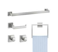 VEVOR Accessoires de Salle de Bain en Nickel Brossé 5PCs, Porte Serviettes Mural en INOX 59,8 cm avec Support Serviettes Carré, 2 Crochets pour Peignoir et Porte-Papier Toilette, Kit de Quincaillerie