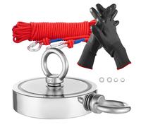 VEVOR Aimant de Pêche à Double Face avec Force de Traction de 907 kg, Kit de Pêche Magnétique en Néodyme Terre Rare, avec Grappin, Corde, Gants et Boulon à Œil, pour la Récupération en Rivière