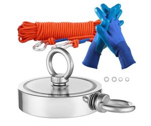 VEVOR Aimant de Pêche à Double Face, Kit de Pêche Magnétique Force de Traction Puissante de 907 kg, en Néodyme Terre Rare, avec Grappin, Corde, Gants, et Boulon à Œil, pour Récupération en Rivière