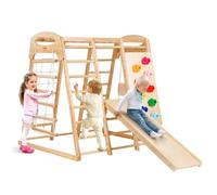 VEVOR Aire de Jeux Intérieure 7-en-1, Terrain de Jeux en Bois, avec Échelle en Bois et Corde, Échelle en Filet, Balançoire, Barre de Singe, Toboggan, Mur d'Escalade, École, Maison, 122x144x147 cm
