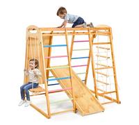 VEVOR Aire de Jeux Intérieure en Bois 7-en-1, avec Balançoire, Barre de Singe, Toboggan, Échelle en Bois, Échelle de Corde, Filet et Planche d'escalade, Charge 113 kg, Structure de Jeux pour Enfants
