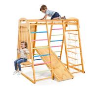 VEVOR Aire de Jeux Intérieure en Bois 7-en-1, avec Balançoire, Barre de Singe, Toboggan, Échelle en Bois, Échelle de Corde, Filet et Planche d'Escalade, Charge 113 kg, Structure de Jeux pour Enfants