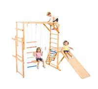 VEVOR Aire de Jeux Intérieure en Bois 8-en-1, avec Balançoire, Toboggan, Barre de Singe, Anneaux de Gymnastique, Échelle en Bois/Corde, Filet et Barre d'escalade, Structure de Jeux pour Enfants