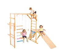 VEVOR Aire de Jeux Intérieure en Bois 8-en-1, avec Balançoire, Toboggan, Barre de Singe, Anneaux de Gymnastique, Échelle en Bois/Corde, Filet et Barre d'Escalade, Structure de Jeux pour Enfants