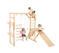 VEVOR Aire de Jeux Intérieure en Bois 8-en-1, avec Toboggan, Balançoire, Barre de Singe, Anneaux de Gymnastique, Échelle en Bois/Corde, Filet et Barre d'Escalade, Structure de Jeux pour Enfants
