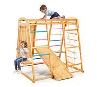 VEVOR Aire de Jeux Intérieure en Bois 9-en-1, avec Barre de Singe, Balançoires, Toboggan, Échelle en Bois/Corde, Filet, Barre et Planche d’Escalade, Charge 113 kg, Structure de Jeux pour Enfants