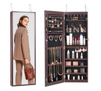 VEVOR Armoire à Bijoux Mural 108 cm, Organisateur de Bijoux avec Miroir et LED Intérieur, Meuble de Rangement pour Bijoux Verrouillable, Fixé au Mur ou à la Porte, avec Doublure en Velours, Marron