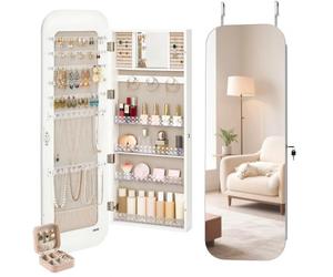 VEVOR Armoire à bijoux avec miroir pleine longueur, organiseur de bijoux, montage mural/sur porte, hauteur 1080 mm, avec rangement, porte verrouillable avec 2 clés et organiseur de voyage, blanc