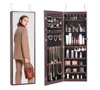 VEVOR Armoire à Bijoux Mural 108 cm, Organisateur de Bijoux avec Miroir et LED Intérieur, Meuble de Rangement pour Bijoux Verrouillable, Fixé au Mur ou à la Porte, avec Doublure en Velours, Marron