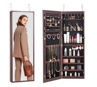 VEVOR Armoire à Bijoux Mural 108 cm, Organisateur de Bijoux avec Miroir et LED Intérieur, Meuble de Rangement pour Bijoux Verrouillable, Fixé au Mur ou à la Porte, avec Doublure en Velours, Marron