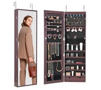 VEVOR Armoire à Bijoux Mural 119,5 cm, Organisateur de Bijoux avec Miroir et LED Intérieur, Meuble de Rangement Mural pour Bijoux Verrouillable, Fixé au Mur ou à la Porte, avec Tiroirs, Marron