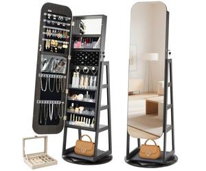 VEVOR Armoire à bijoux pivotante à 360°, organiseur de bijoux sur pied, hauteur 1600 mm, avec miroir pleine longueur, étagères de rangement, porte verrouillable avec 2 clés, pochettes pour accessoires