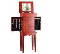 VEVOR Armoire à bijoux sur pied en bois, coffre rangement à bijoux avec 3 tiroirs, miroir rabattable, 4 compartiments rangement supérieurs, poignées, 2 portes latérales avec 6 crochets pour colliers