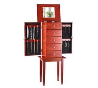 VEVOR Armoire à bijoux sur pied en bois, coffre rangement à bijoux avec 4 tiroirs, miroir rabattable, 4 compartiments rangement supérieurs, poignées, 2 portes latérales avec 16 crochets pour colliers