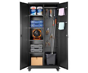 VEVOR Armoire Métallique 179,5 cm 5 Niveaux, Meuble de Rangement en Acier Verrouillable, pour Outils Atelier Bureau, sur Roulettes, avec Étagères Réglables, 2 Portes Magnétiques, Tringles et Crochets
