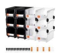VEVOR Bac à Bec Empilable Lot de 12 Bacs de Rangement en Plastique, 37,7 x 21,5 x 18 cm, Boites de Rangement pour Atelier, Garage, Fournitures de Bureau et Autres Accessoires, Noir et Transparent