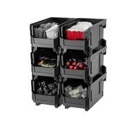 VEVOR Bac à Bec Empilable Lot de 6 Bacs de Rangement Plastique, 37,7 x 21,5 x 18 cm, Boites Rangement Empilables pour Atelier, Garage, Petites Pièces, Fournitures de Bureau et Autres Accessoires, Noir
