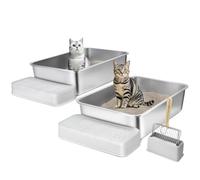 VEVOR Bac à Litière pour Chat Profondeur 150 mm Lot de 2, Extra Large Acier Inox avec Pelle, Repose-pied Filtrant, Côtés Hauts, sans Odeur, Facile à Nettoyer, Coussins Antidérapants, pour Grands Chats