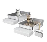 VEVOR Bac à Litière pour Chat Profondeur 150 mm Lot de 2, Extra Large Acier Inox avec Pelle, Repose-pied Filtrant, Côtés Hauts, sans Odeur, Facile à Nettoyer, Coussins Antidérapants, pour Grands Chats