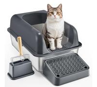 VEVOR Bac à Litière pour Chat Profondeur 152,4 mm Extra Large en Acier Inoxydable avec Pelle, Repose-Pied Filtrant, Côtés Hauts, sans Odeur, Facile à Nettoyer, Adapté aux Grands Chats, Gris Foncé