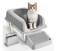 VEVOR Bac à Litière pour Chat Profondeur 152,4 mm Extra Large en Acier Inoxydable avec Pelle, Repose-pied Filtrant, Côtés Hauts, sans Odeur, Facile à Nettoyer, Adapté aux Grands Chats, Gris Clair
