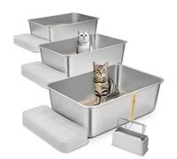 VEVOR Bac à Litière pour Chat Profondeur 200 mm Lot de 3, Extra Large Acier Inox avec Pelle, Repose-pied Filtrant, Côtés Hauts, sans Odeur, Facile à Nettoyer, Coussins Antidérapants, pour Grands Chats