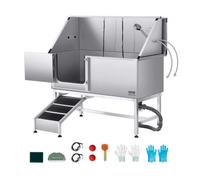 VEVOR Baignoire de Chien Acier Inoxydable, Baignoire de Toilettage pour Animaux de Compagnie 150 cm Station de Lavage Chat, avec Rampe, Panneau Filtre à Eau, Robinet, Pommeau de Douche, Porte Gauche