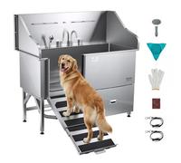 VEVOR Baignoire de Chien Acier Inoxydable, Baignoire de Toilettage pour Animaux de Compagnie 155 cm Station de Lavage Chat, avec Rampe, Panneau Filtre à Eau, Robinet, Pommeau de Douche, Porte Gauche