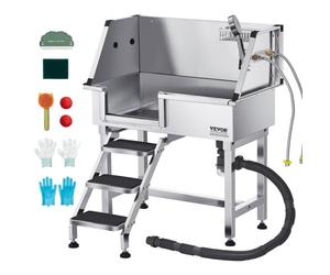 VEVOR Baignoire de Chien Acier Inoxydable, Baignoire de Toilettage pour Animaux de Compagnie 87 cm Station de Lavage Chat, avec Escalier à Gauche, Robinet, Pommeau de Douche, Porte-savon, Porte Gauche
