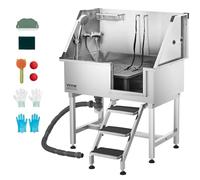 VEVOR Baignoire de Chien Acier Inoxydable, Baignoire de Toilettage pour Animaux de Compagnie 96 cm Station de Lavage Chat, avec Escalier à Droite, Robinet, Pommeau de Douche, Porte-savon, Porte Droite