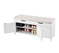 VEVOR Banc à chaussures 105x35x50,3 cm, banc entrée avec 3 armoires, étagère réglable en hauteur, rangement à plateau relevable, coussin assise,113,4 kg, pour chambre à coucher, couloir, blanc et gris