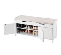 VEVOR Banc à chaussures 105x35x50,3 cm, banc entrée avec 3 armoires, étagère réglable en hauteur, rangement à plateau relevable, coussin assise,113,4 kg, pour chambre à coucher, couloir, blanc et gris
