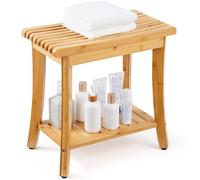 VEVOR Banc de douche en bambou, 485 x 288 x 465 mm, tabouret de douche étanche avec étagère de rangement, capacité de 149,7 kg, pour adultes, personnes âgées, intérieur et extérieur, salle de bain
